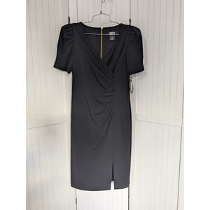 DKNY Black Sheath Dress 4 Ruched V Neck Puff Sleeve Work Cocktail